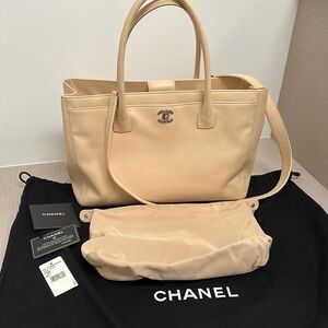AUTHENTIC Chanel Cream Tote Bag with Metallic Logo